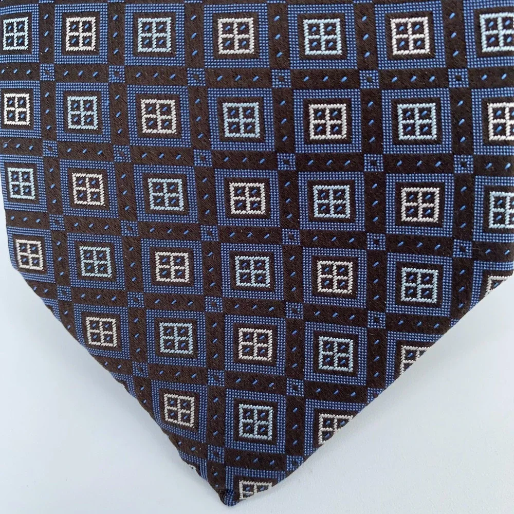 Eton Tie Men One Size Brown Blue Patterned Silk Classic Necktie England Made NWT
